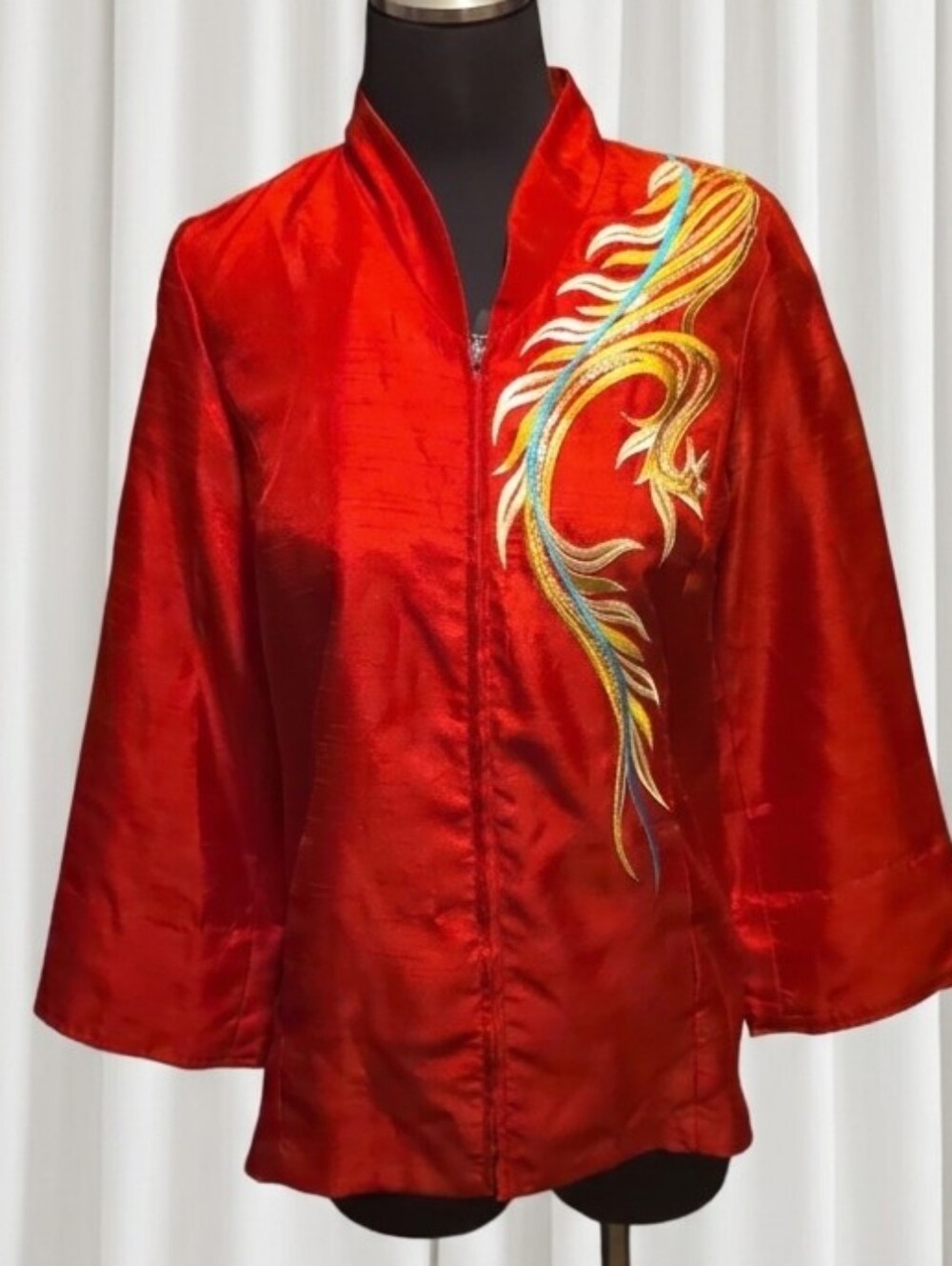 Bob Mackie Red Satin Bomber Jacket with Multicolor Embroidered Flame